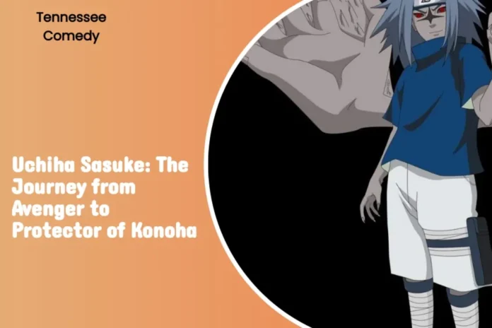 Uchiha Sasuke in symbolic pose, illustrating journey from vengeance to redemption.